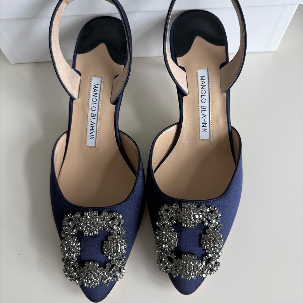 Manolo Blahnik Hangisli 50MM Satin Jewel Buckle Slingback Pumps, Navy